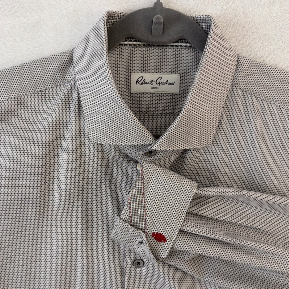 Robert Graham Mens Grey White Micro Geometric Button Down Shirt Big 18 34/35